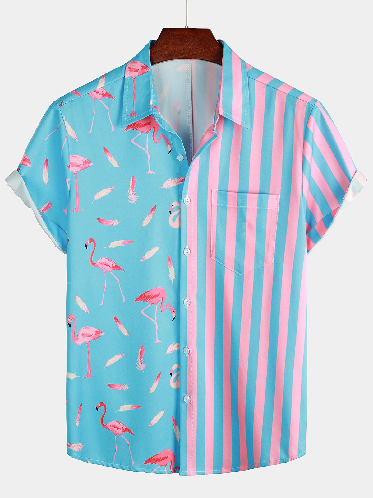 Mens Flamingo  Striped Patchwork Pocket Short Sleeve Shirt Hawaiian Shirt for Men Women