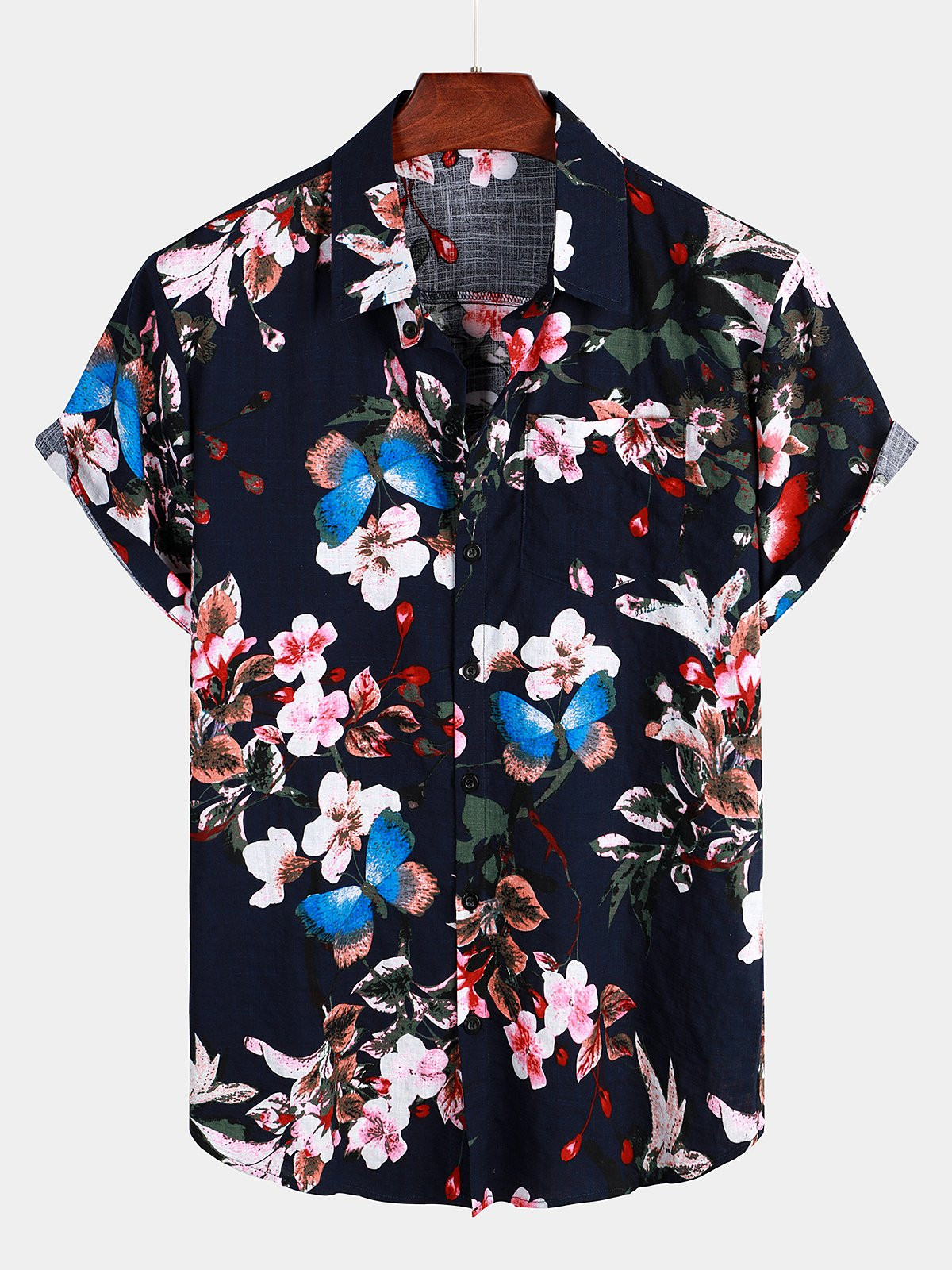 Mens Floral Breathable Cotton Pocket Short Sleeve Shirt Hawaiian Shirt for Men Women