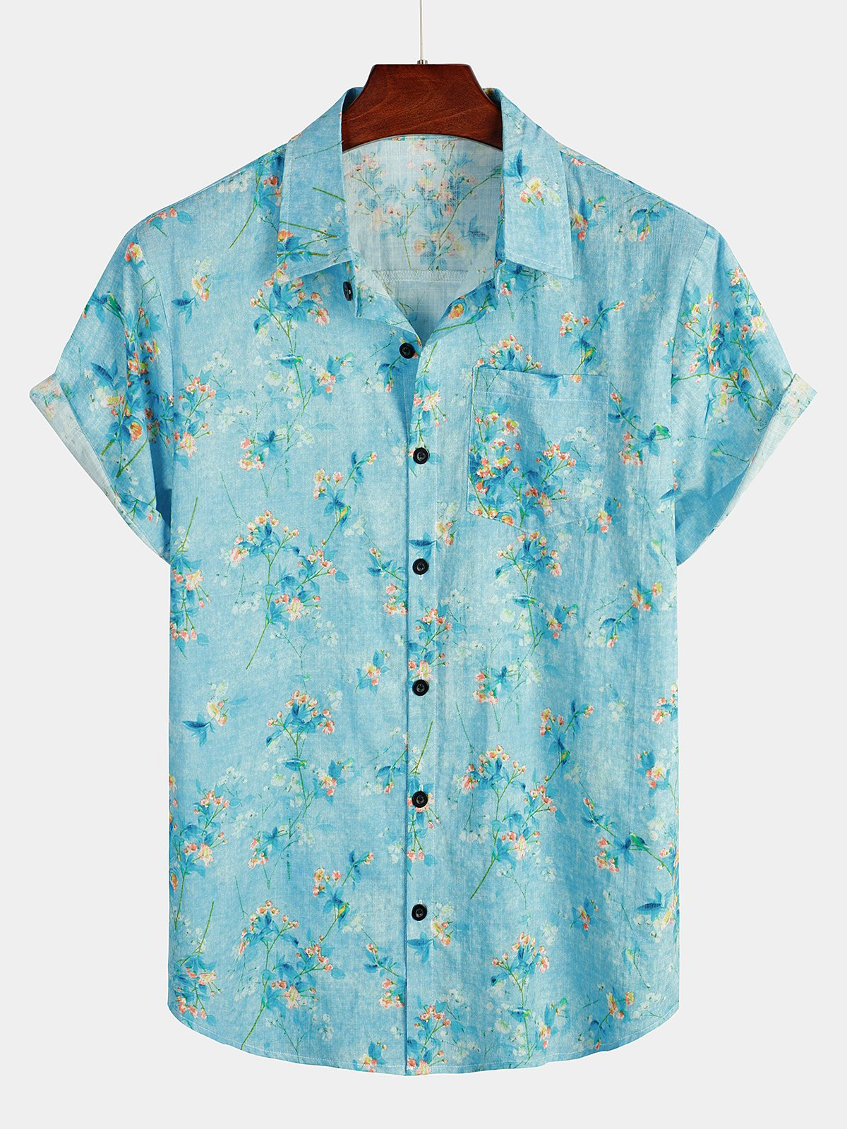 Mens Floral Cotton Pocket Breathable Hawaiian Shirt