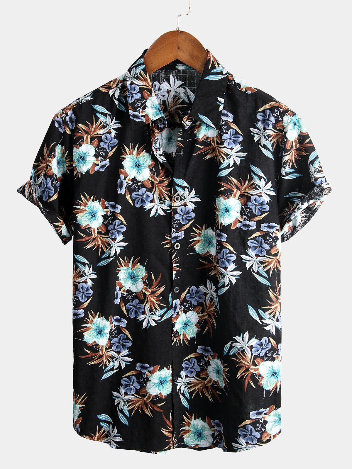 Mens Floral Cotton Tropical Hawaiian Black Short Sleeve Shirt