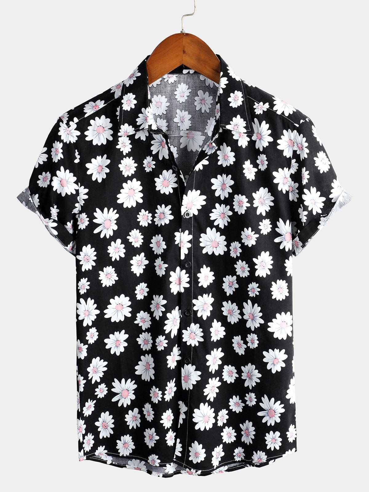 Mens Floral Daisy Print Tropical Hawaii Cotton Black Shirt Hawaiian Shirt for Men Women