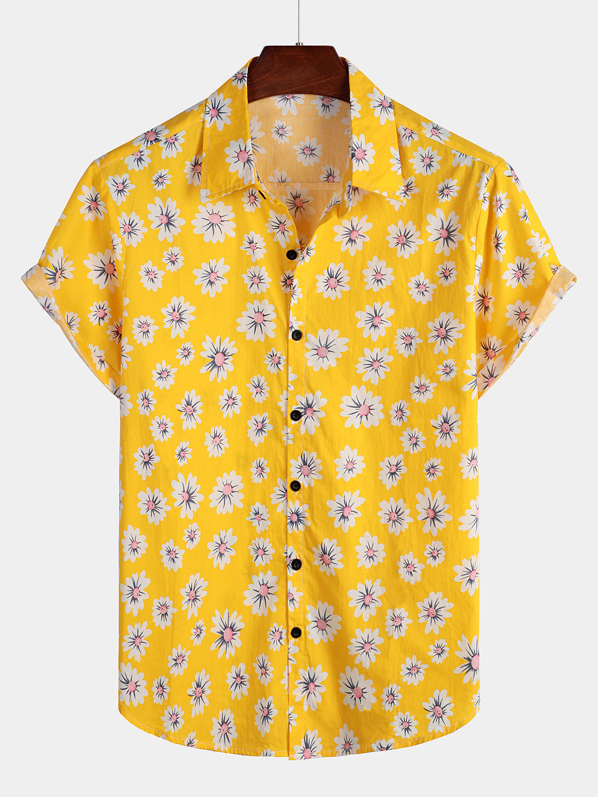 Mens Floral Daisy Print Tropical Hawaiian Cotton Shirt