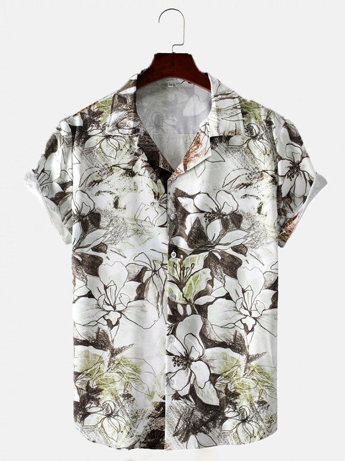 Mens Floral Hawaiian Shirt Casual Aloha White Cotton-Blend Plant Beach Shirts