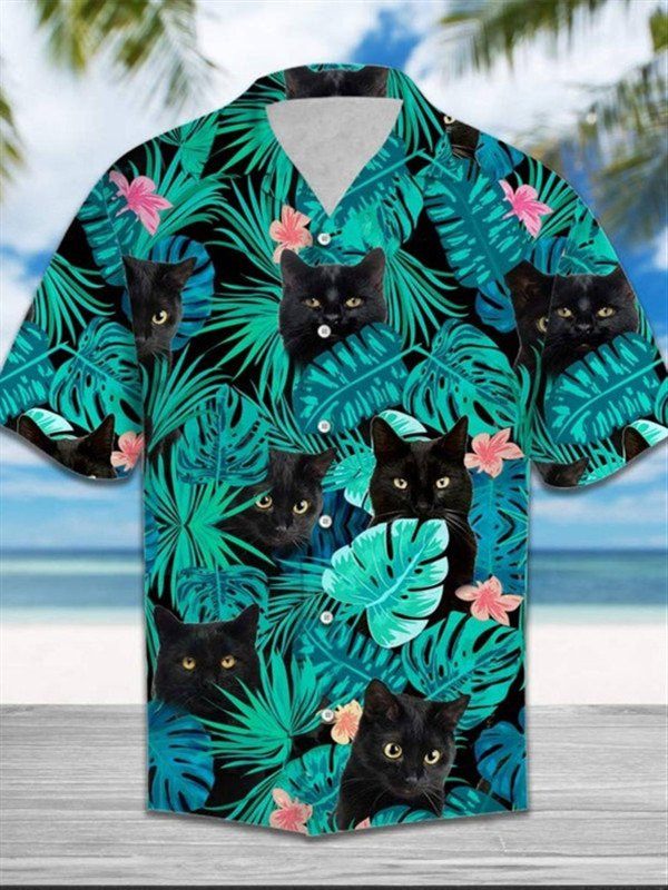 Mens Floral Hawaiian Shirt Cute Cat Vacation Shirt