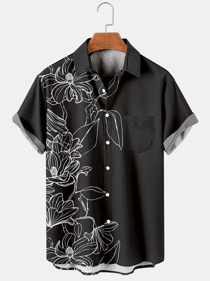 Mens Floral Print Casual Breathable Chest Pocket Short Sleeve Hawaiian Shirts