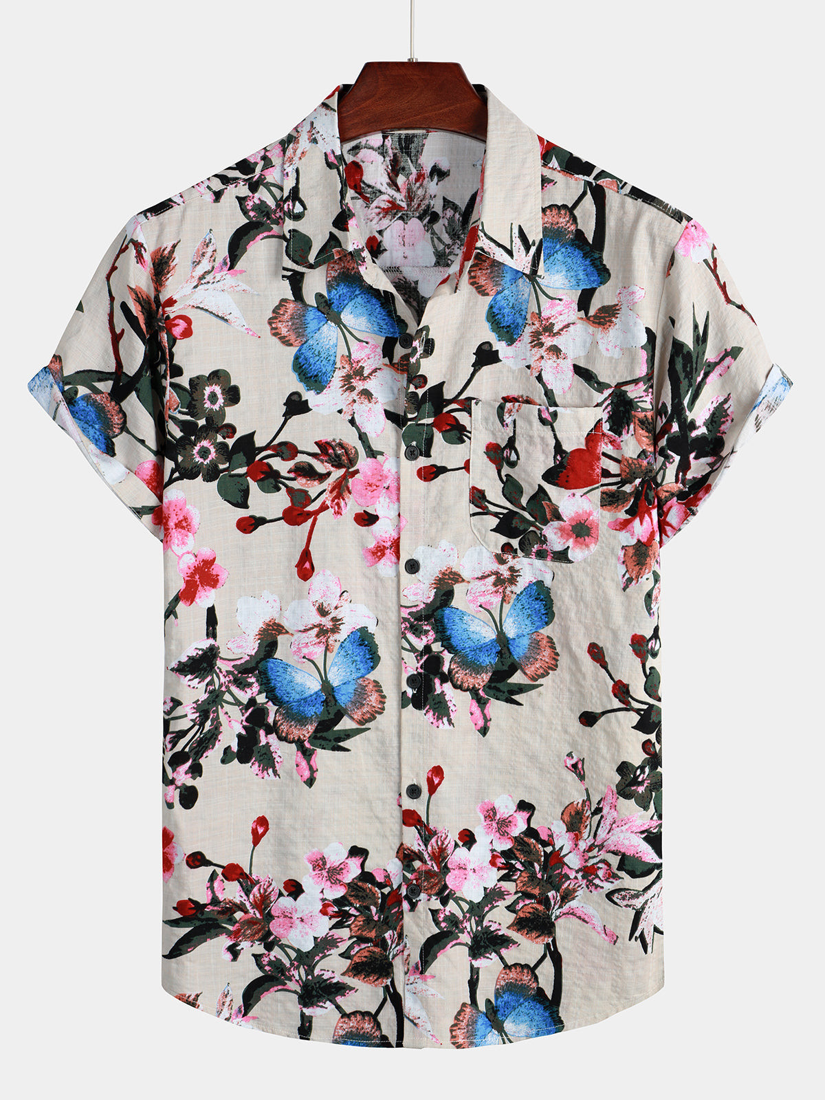 Mens Floral Print Pocket Short Sleeve Hawaiian Shirt