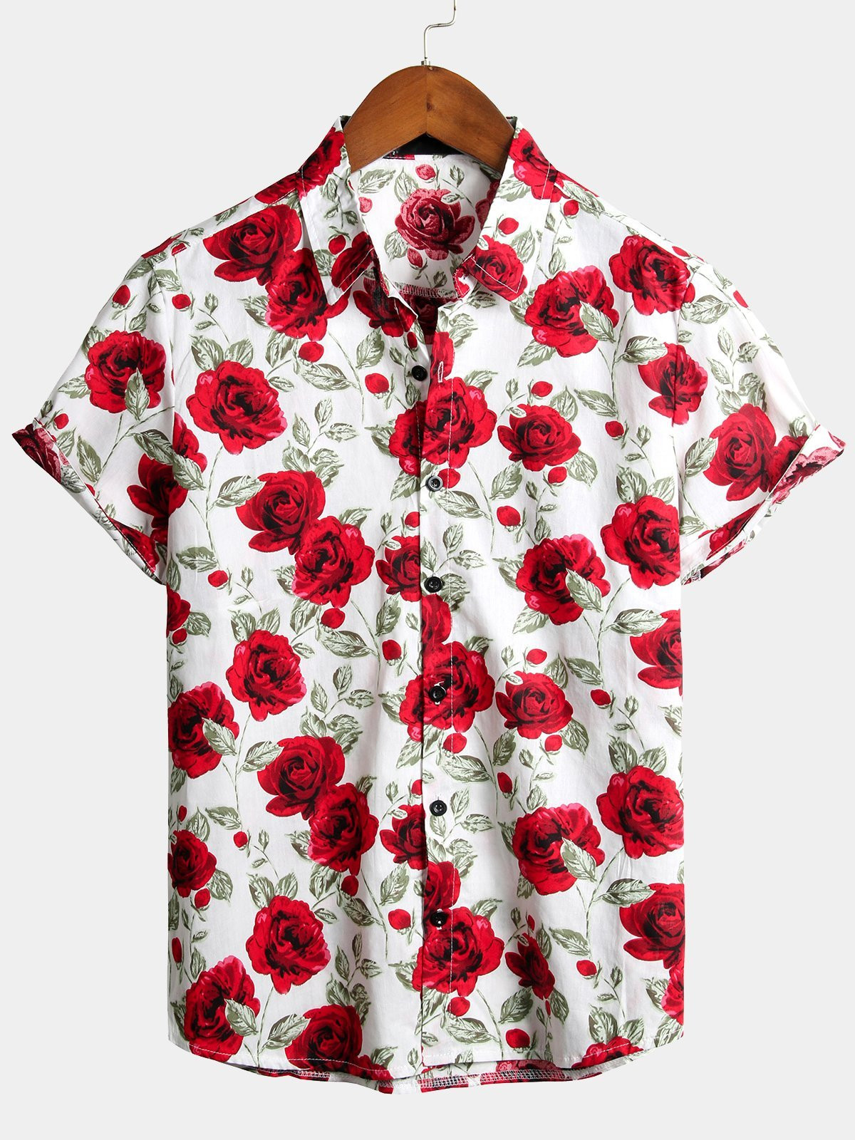 Mens Floral Print Rose Cotton Short Sleeve Shirt Hawaiian Shirt for Men Women