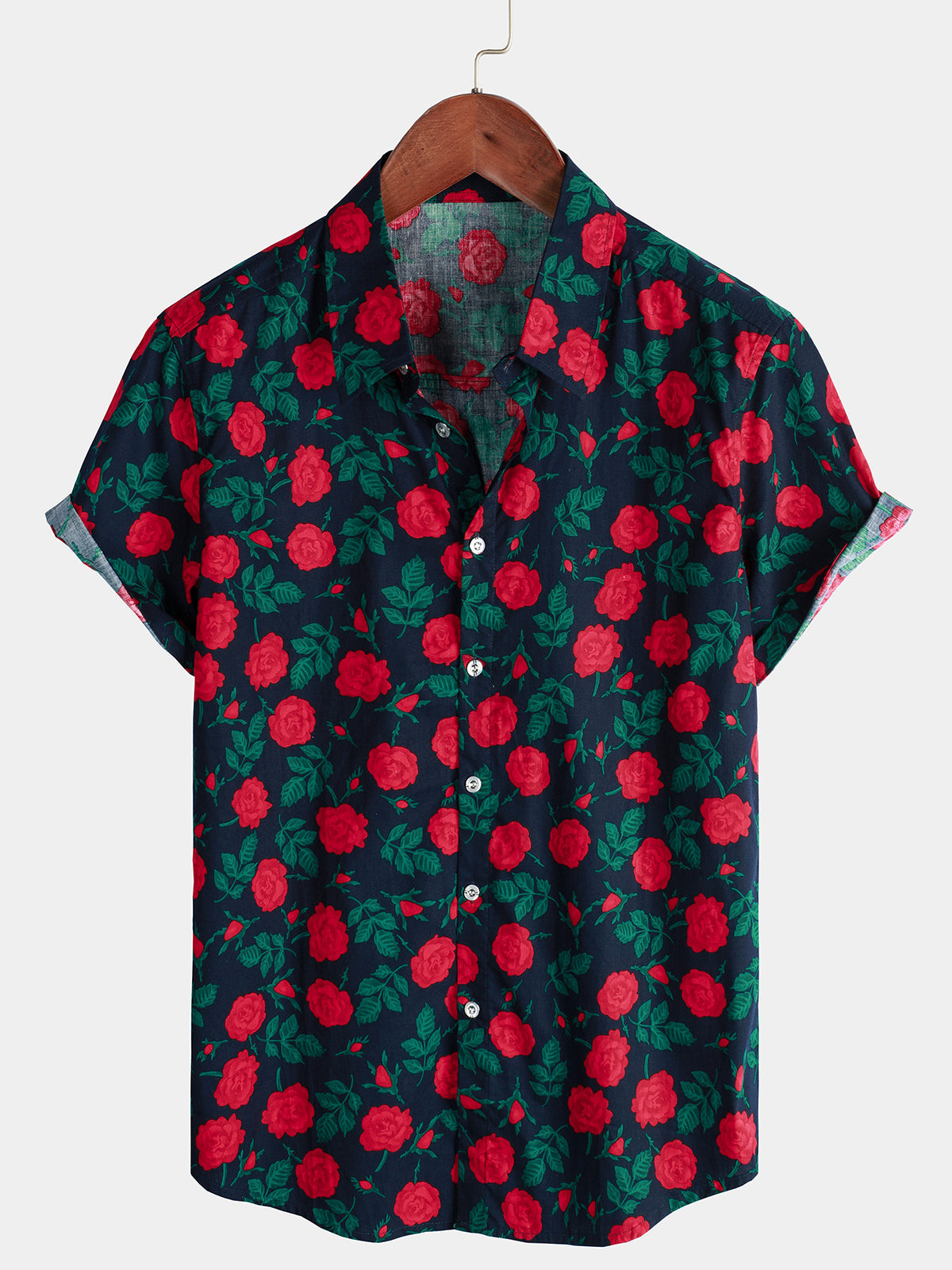 Mens Flower Rose  Print Button Short Sleeve Cotton Shirt Hawaiian Shirt for Men Women