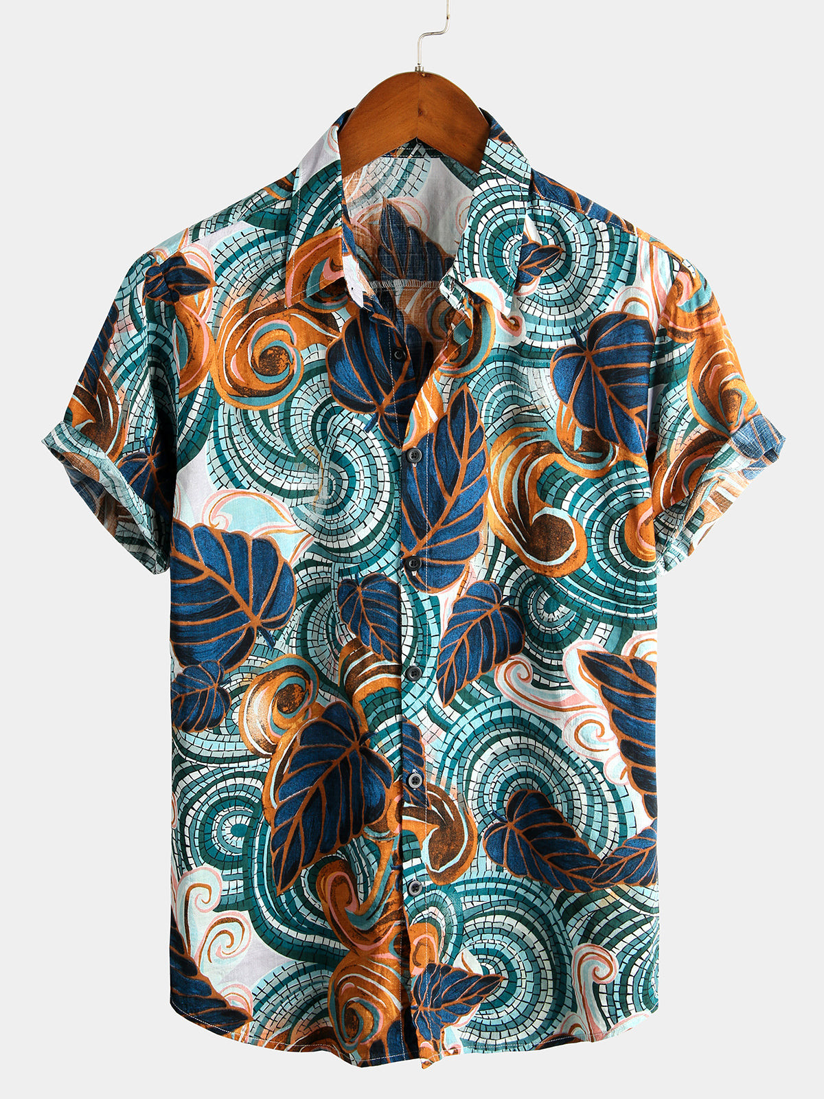 Mens Front Pocket Geometric Casual Short Sleeve Shirt Hawaiian Shirt for Men Women