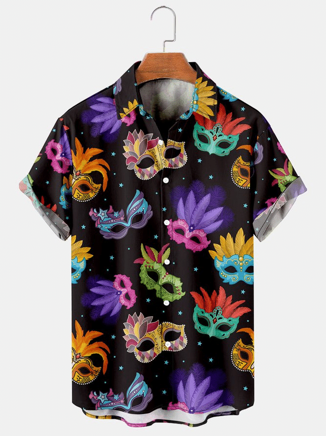 Mens Fun Mardi Gras Mask Print Black Cotton Blend Short Sleeve Hawaiian Shirt