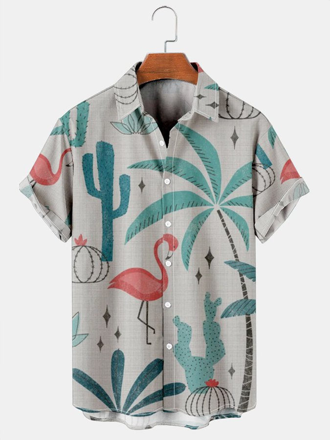 Mens Geometric Coconut Tree Print Casual Breathable Hawaiian Short Sleeved Shirt