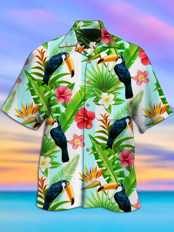 Mens Green Casual Cotton-Blend Cute Toucan Print Shirts Hawaiian Shirt for Men Women