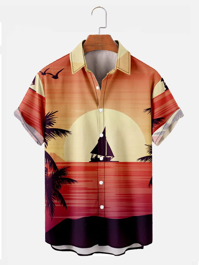 Mens Hawaiian Beach SSailboat And Sunset Printing Vacation Short Sleeve Shirt