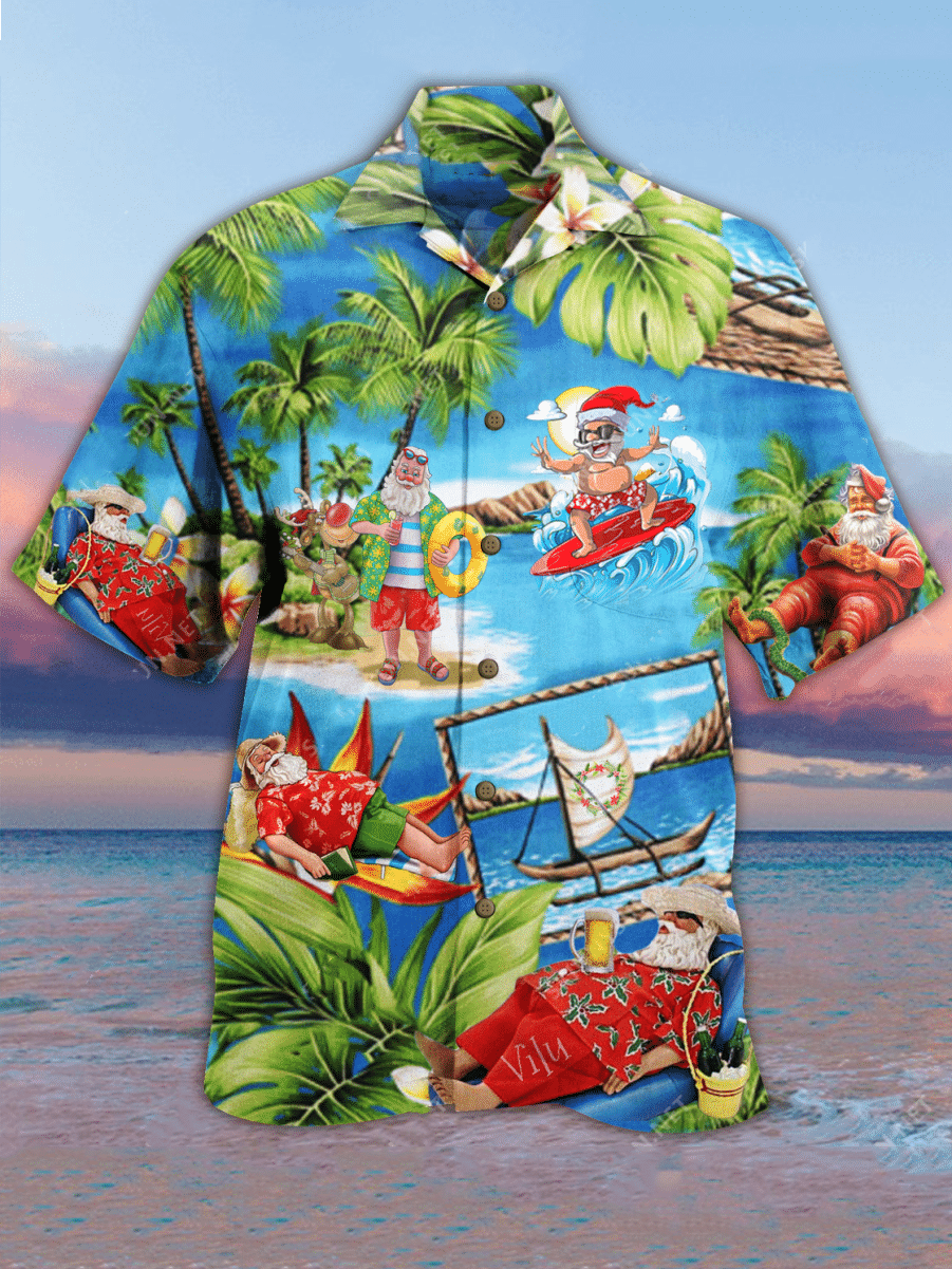Mens Hawaiian Christmas Shirt Beach Holiday Tops