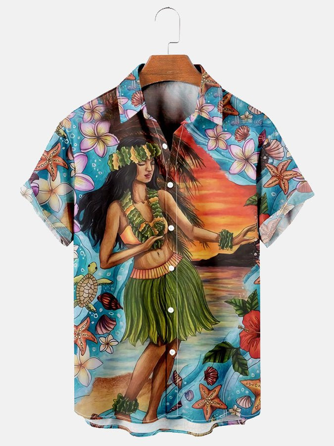 Mens Hawaiian Hula Dancer Print Casual Loose Short Sleeve Hawaiian Shirt