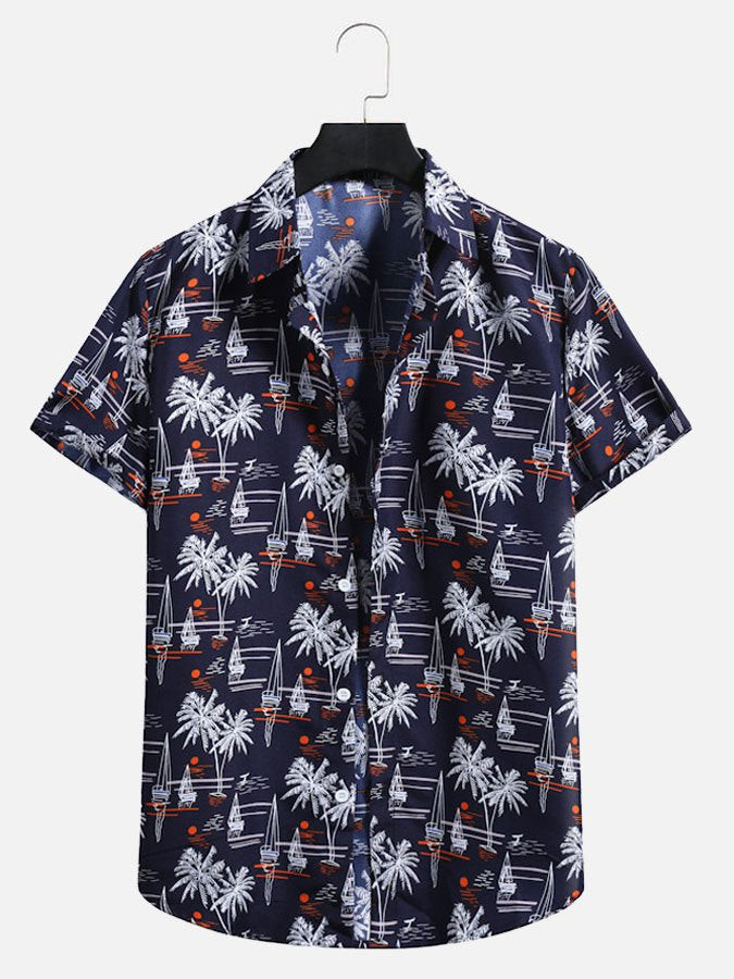 Mens Hawaiian Shirt Beach Coconut Print Cotton Blend Short Sleeve Shirt