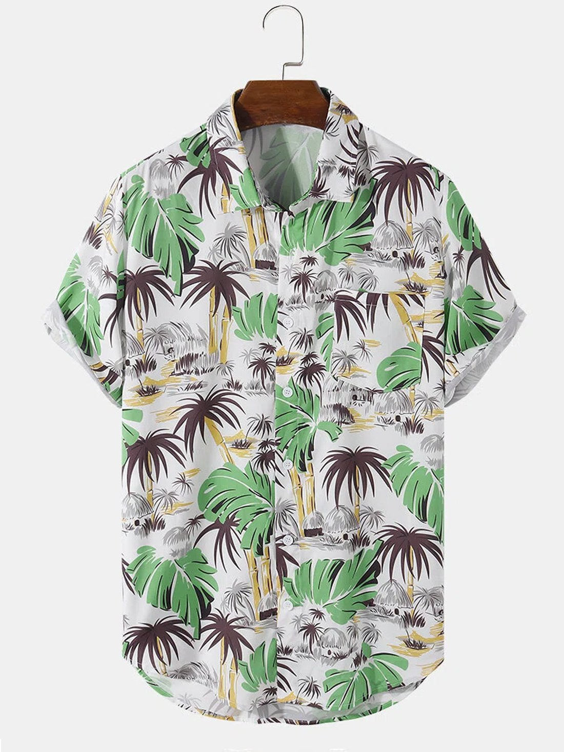 Mens Hawaiian Shirt Beach Coconut Print White Cotton Blend Short Sleeve Shirt