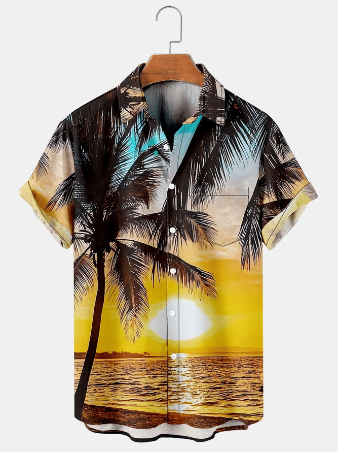 Mens Hawaiian Shirt Beach Landscape Coconut Tree Print Cotton Blend Short Sleeve Shirt