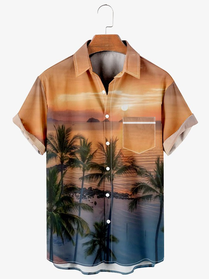 Mens Hawaiian Shirt Beach Palm Landscape Print Short Sleeve Shirt