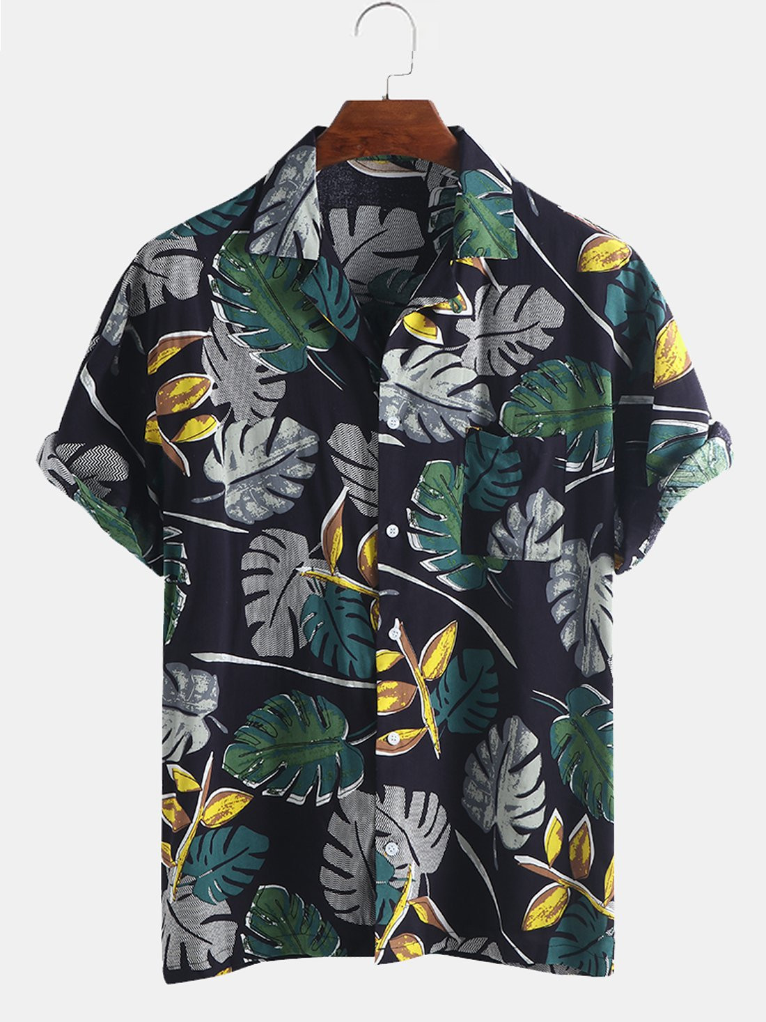 Mens Hawaiian Shirt Beach Tropical Plant Print Cotton Blend Short Sleeve Shirt