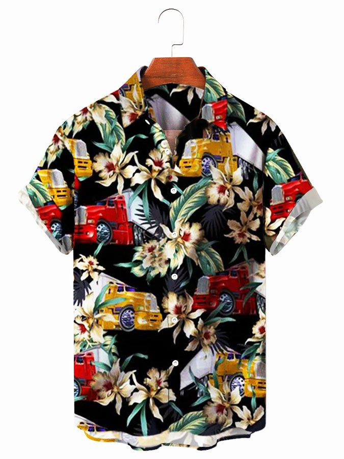 Mens Hawaiian Shirt Black Cotton-Blend Holiday Flowers Truck Plant Shirts