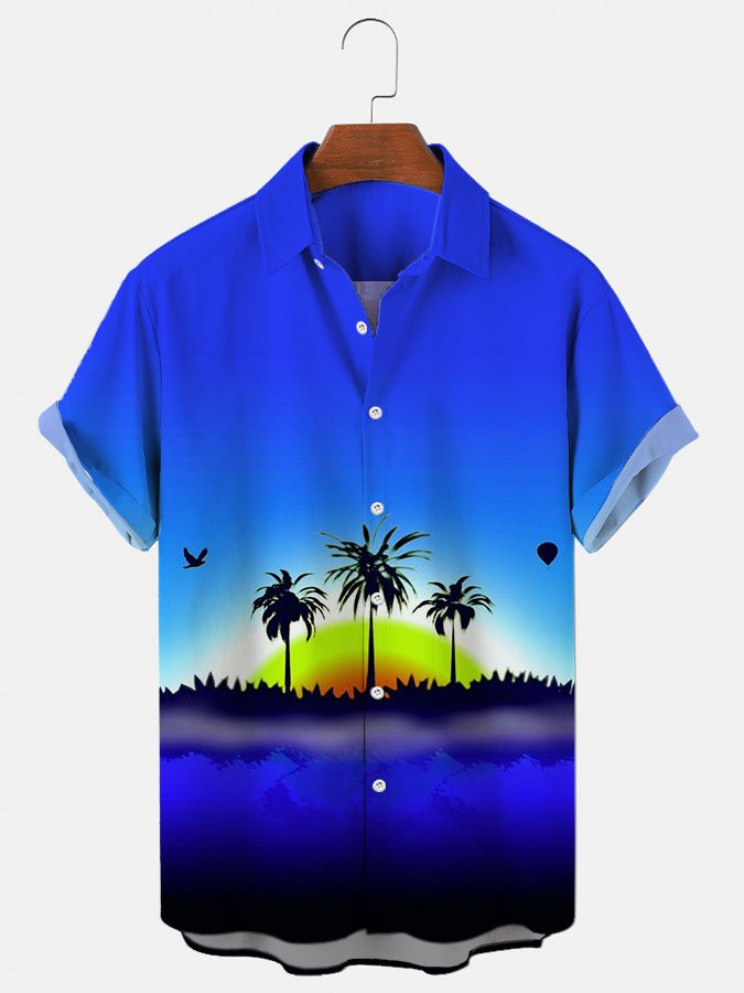 Mens Hawaiian Shirt Blue Cotton-Blend Holiday Series Natural Landscape Shirts  Tops