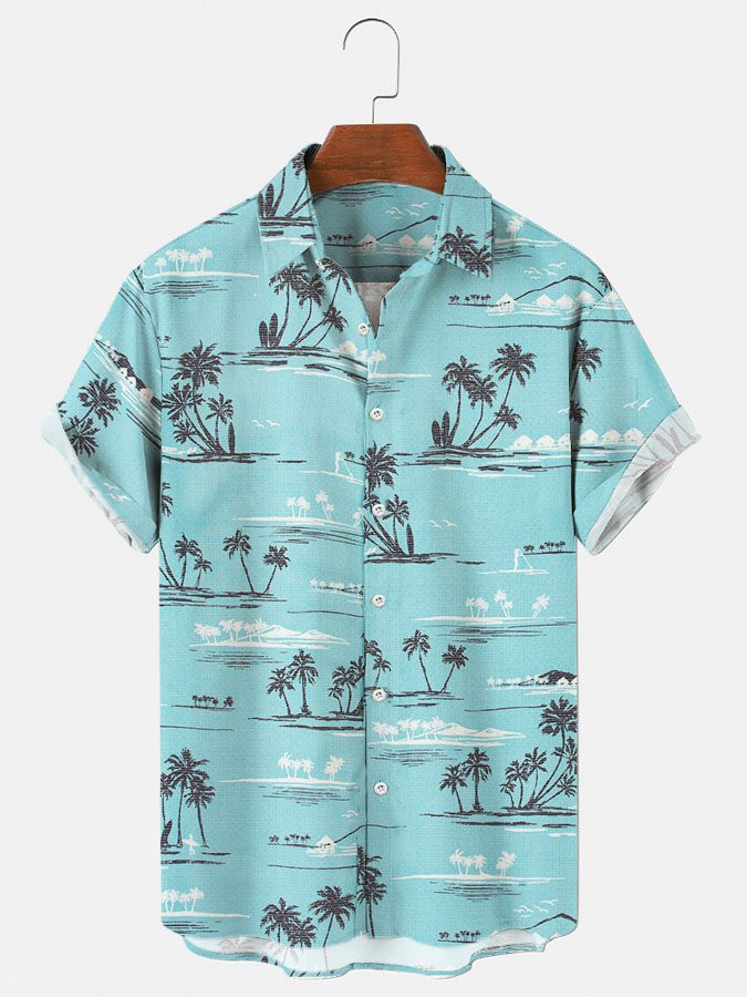 Mens Hawaiian Shirt Blue Cotton-Blend Palm Tree Casual Shirts  Tops