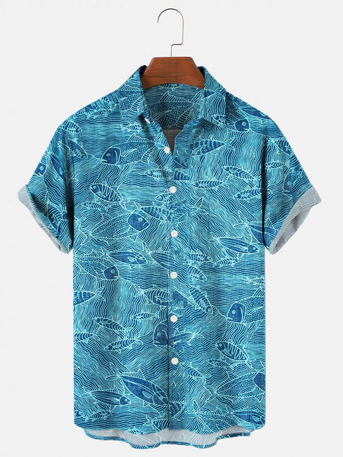 Mens Hawaiian Shirt Blue Fish Cotton-Blend Casual Series Shirts  Tops