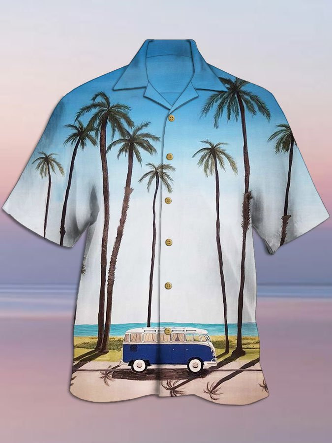 Mens Hawaiian Shirt Blue Palm Tree Holiday Series Cotton-Blend Shirts  Tops