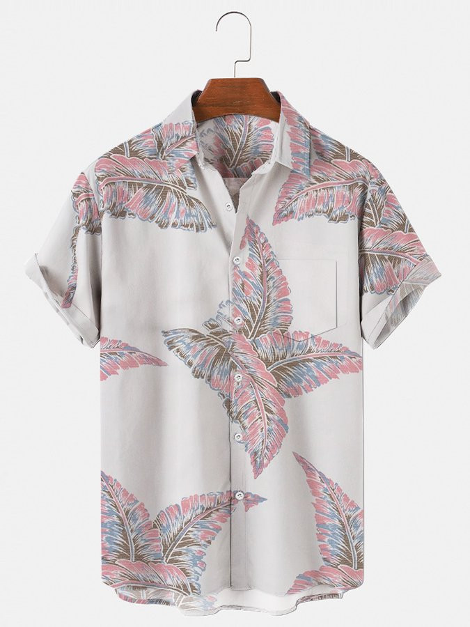 Mens Hawaiian Shirt Casual Aloha Beach Pink Cotton-Blend Palm Tree Shirts