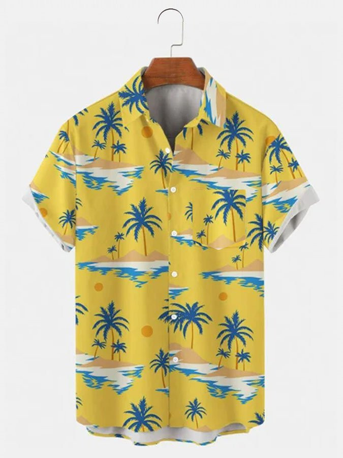 Mens Hawaiian Shirt Casual Aloha Beach Shirts Yellow Cotton-Blend Plant Beach Shirts