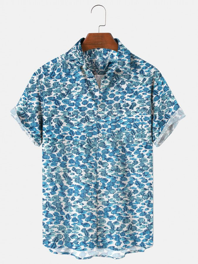 Mens Hawaiian Shirt Casual  Aloha Beach Tropical Fish Blue Cotton-Blend Shirts