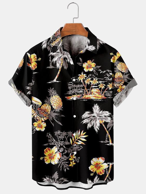 Mens Hawaiian Shirt Casual Black Cotton-Blend Natural Landscape Holiday Aloha Shirts