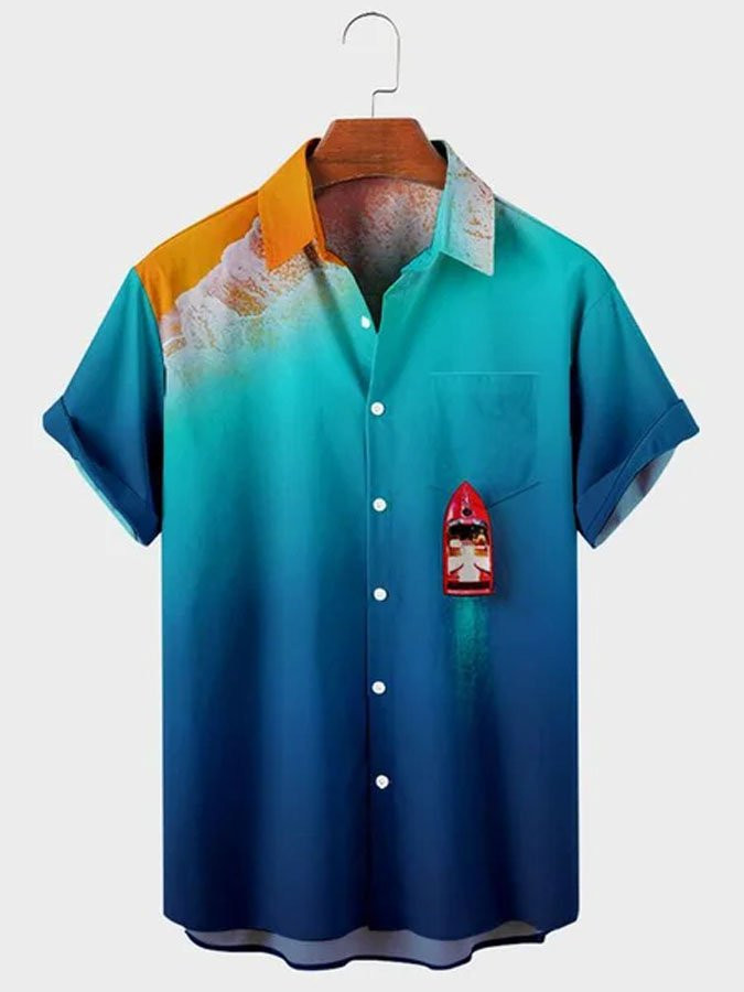 Mens Hawaiian Shirt Casual Blue Natural Landscape Holiday Series Shirts  Tops