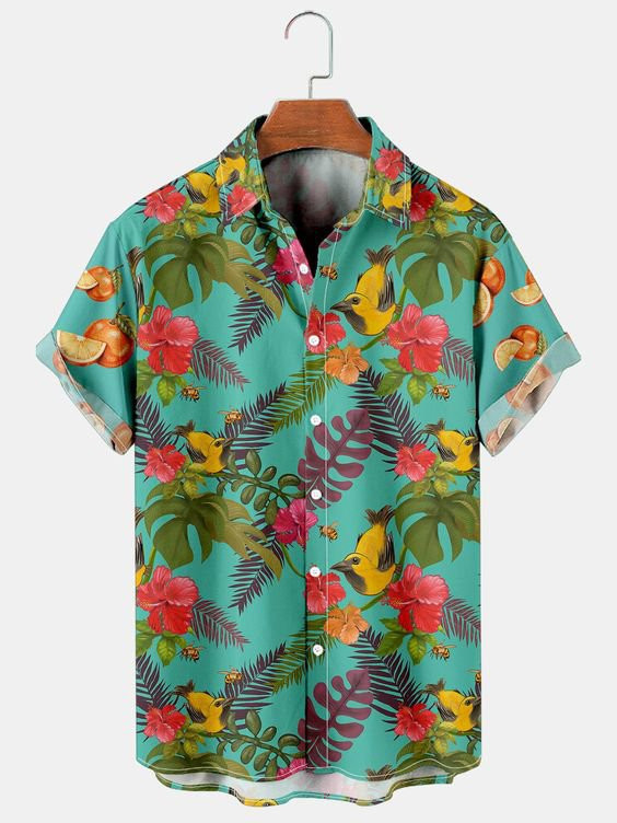 Mens Hawaiian Shirt Casual Button Up  Aloha Shirts Green Bird Cotton-Blend Plant Shirts