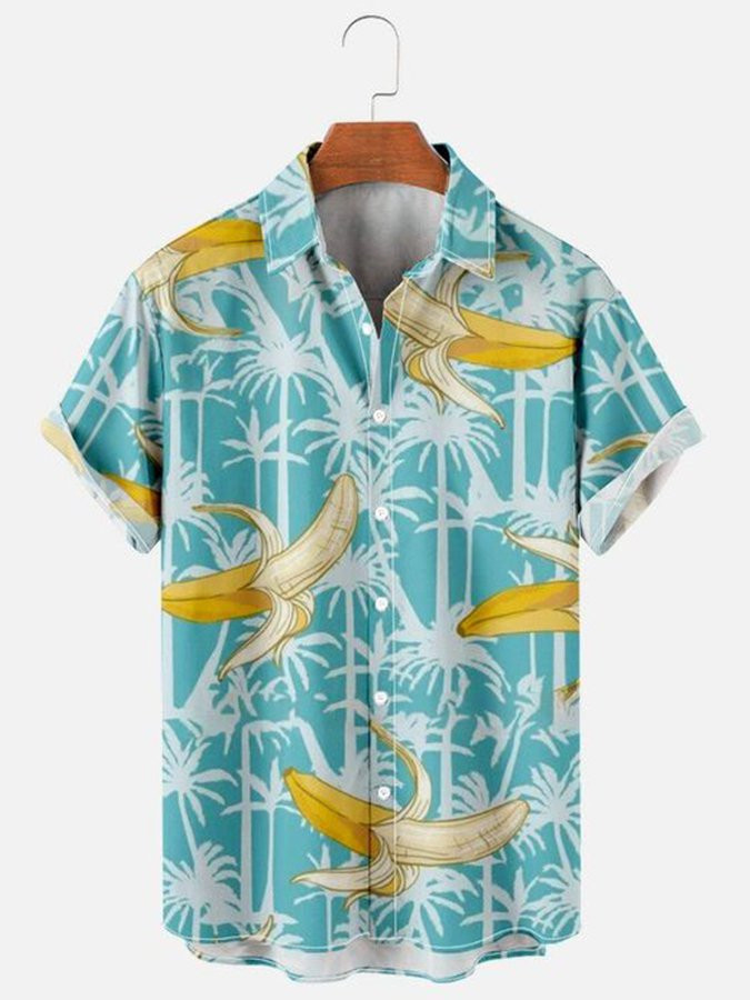 Mens Hawaiian Shirt Casual Button Up Short Sleeve Blue Cotton-Blend Holiday Banana Shirts  Tops