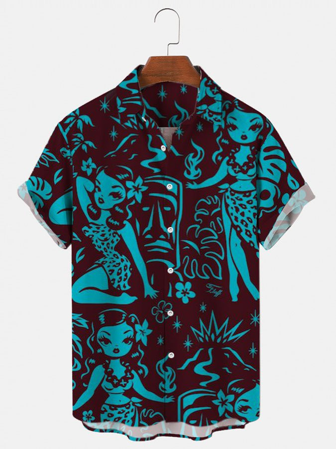 Mens Hawaiian Shirt Casual Button Up Short Sleeve Blue Cotton-Blend Hula Shirts  Tops