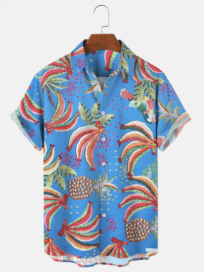 Mens Hawaiian Shirt Casual Button Up Short Sleeve Blue Holiday Banana Fruits Shirts  Tops