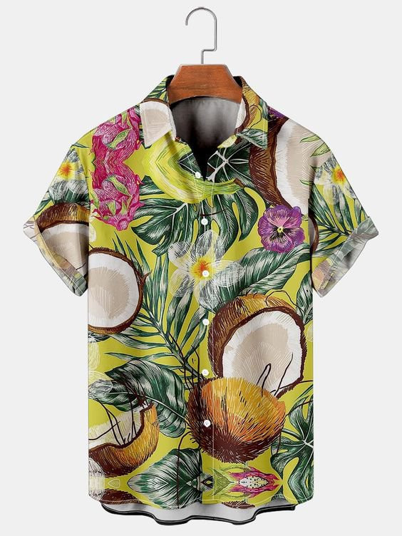 Mens Hawaiian Shirt Casual Button Up Short Sleeve Green Cotton-Blend Holiday Fruits  Aloha Shirts  Tops