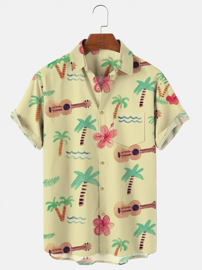 Mens Hawaiian Shirt Casual Music Ukulele AlohaYellow Cotton-Blend Plant  Beach Shirts