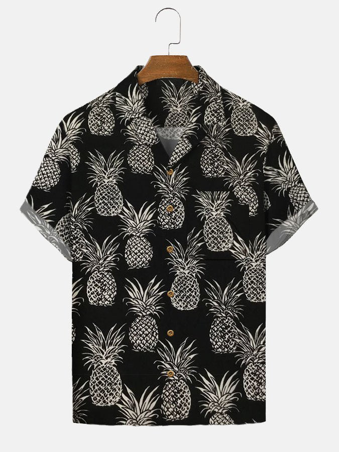 Mens Hawaiian Shirt Casual  Short Sleeve Aloha Beach Black Plant Shirts