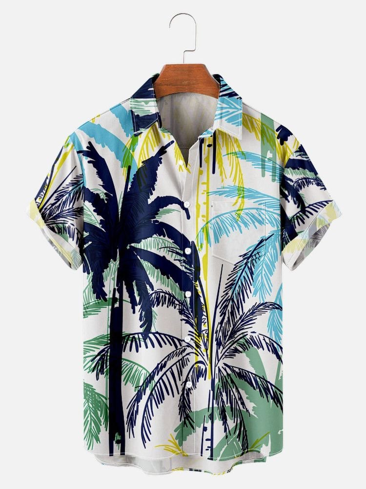 Mens Hawaiian Shirt Casual Short Sleeve Blue Palm Tree Casual Cotton-Blend Shirts  Tops