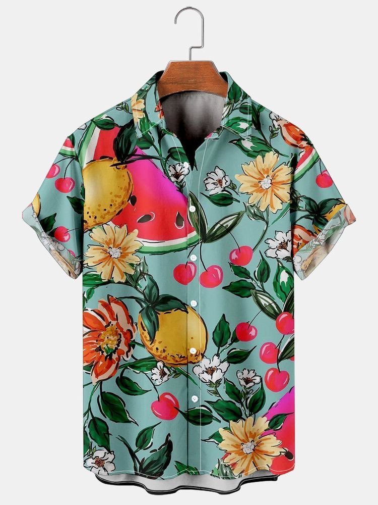 Mens Hawaiian Shirt Casual Short Sleeve Green Plant Cotton-Blend Casual Shirts  Tops