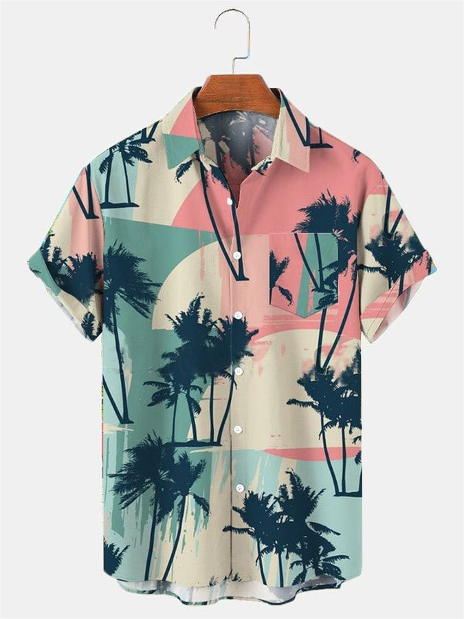 Mens Hawaiian Shirt Casual Short Sleeve Pink Statement Palm Tree Shirts  Tops
