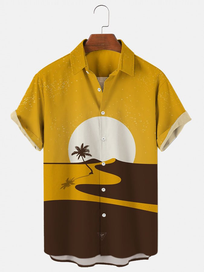 Mens Hawaiian Shirt Casual Short Sleeve Yellow Holiday Cotton-Blend Shirts  Tops