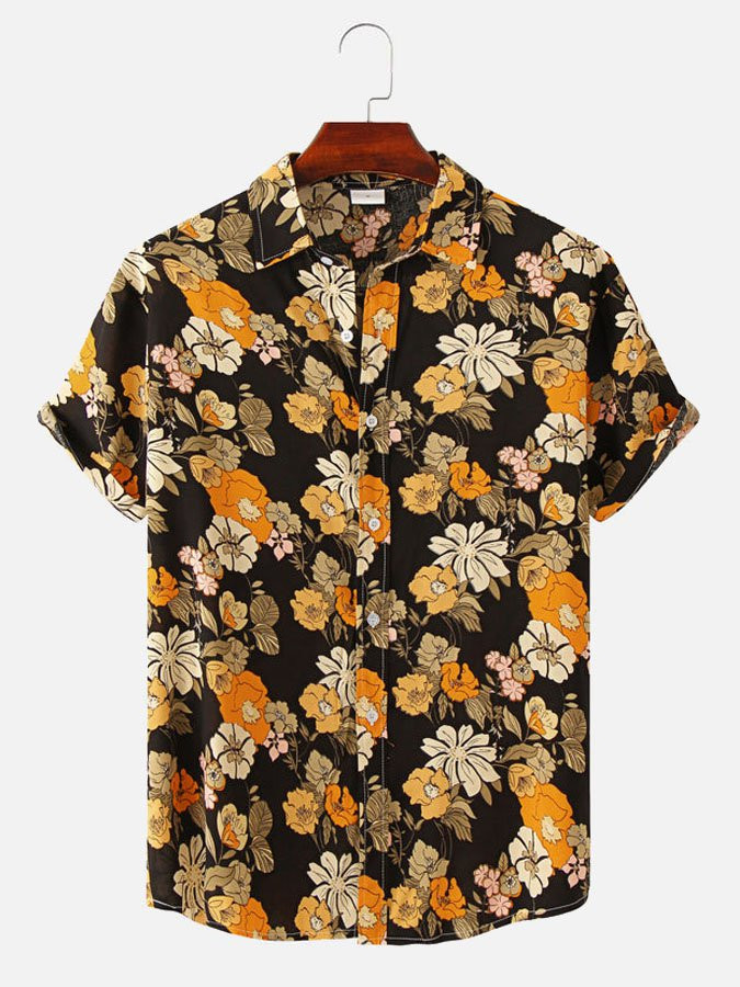 Mens Hawaiian Shirt Contrast Floral Print Cotton Blend Short Sleeve Shirt