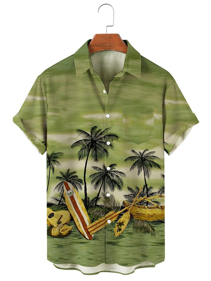 Mens Hawaiian Shirt Green Cotton-Blend Printed Holiday Series Shirts  Tops