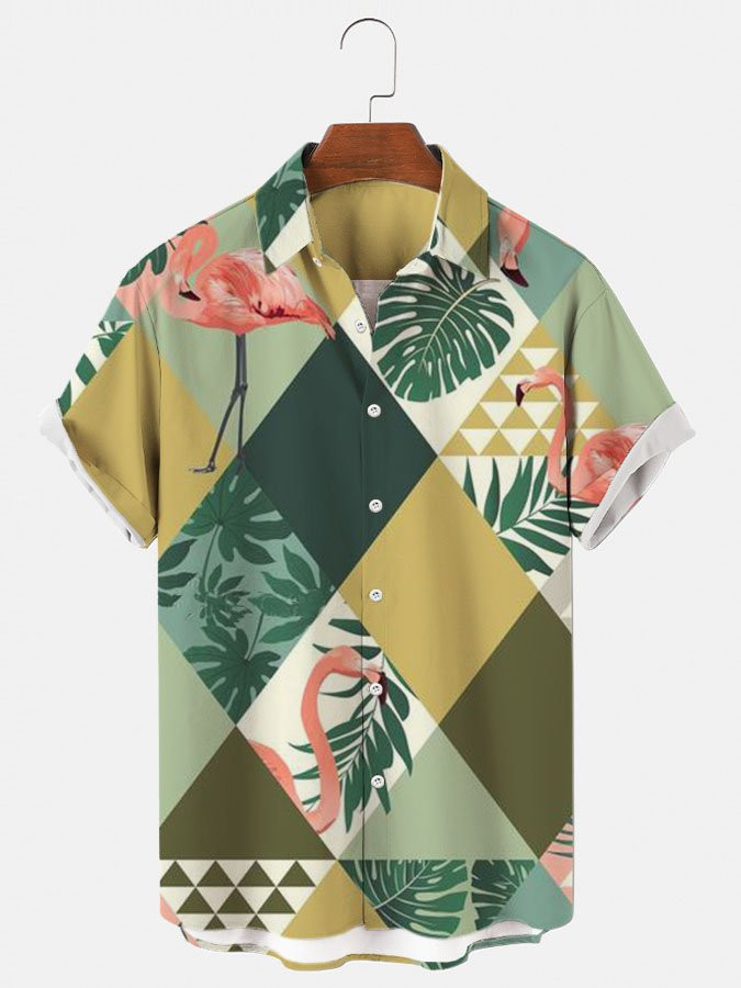 Mens Hawaiian Shirt Green Flamingo Holiday Series Shirts  Tops