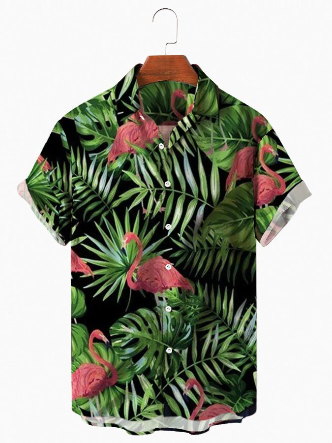 Mens Hawaiian Shirt Green Flamingo Leaf Holiday Series Shirts  Tops