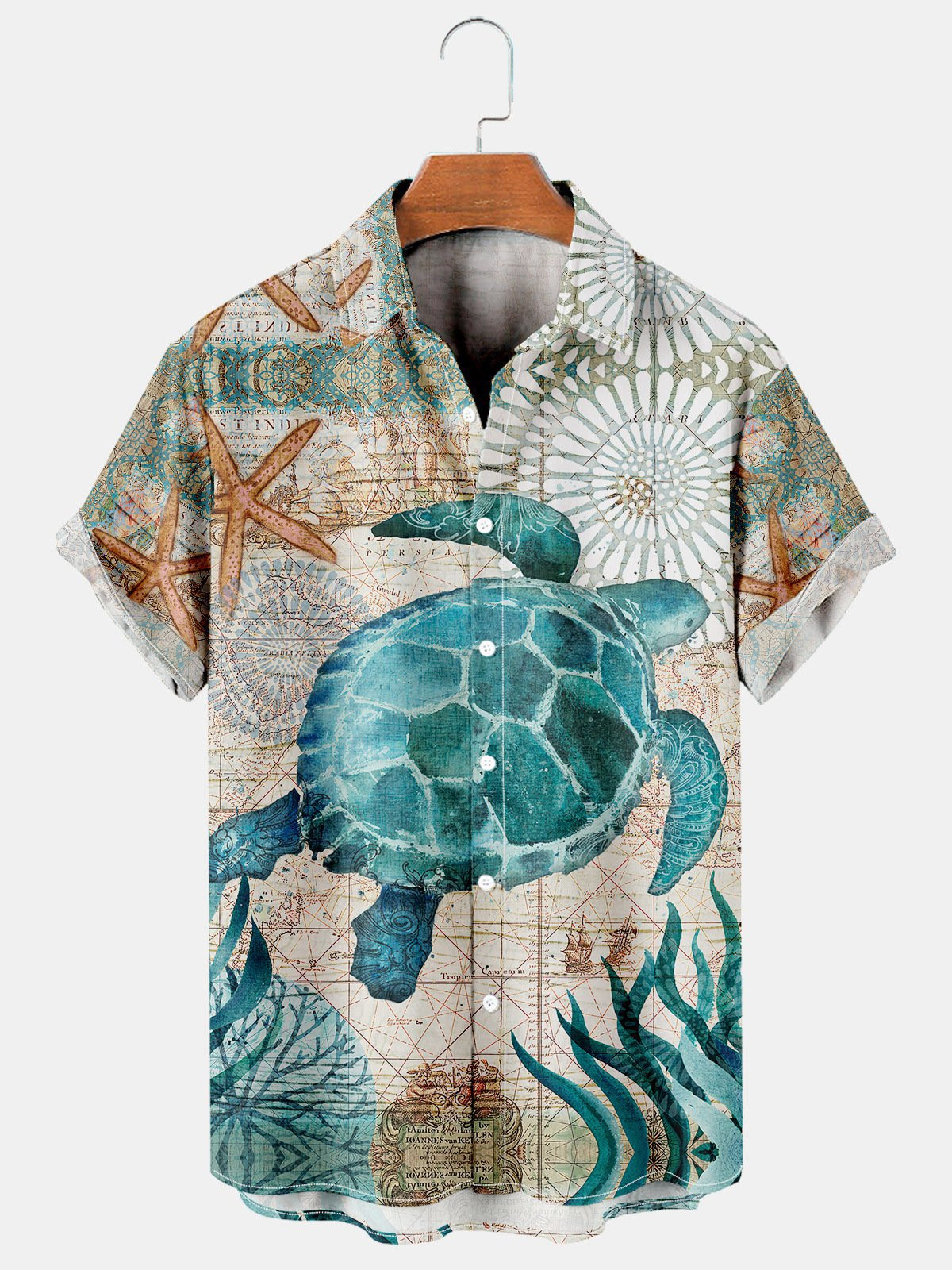 Mens Hawaiian Shirt Green Holiday Ocean Cotton-Blend Animal sea turtle Shirts  Tops